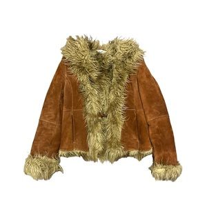 Vintage 90s Penny Lane Brown Suede Faux Fur Trim Jacket